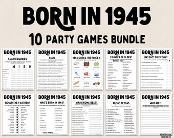 Puede incluir: Un paquete de 10 juegos de fiesta imprimibles para una fiesta de cumpleaños con temática de 1945. Los juegos incluyen Scattergories, Feud, Adivina el precio, Más joven o más viejo, Hecho o ficción, Preferiría, Quién nació en 1945, Quién sabe más, Música de 1945 y Quién soy yo.