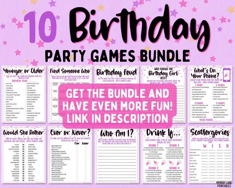 May include: A printable bundle of 10 birthday party games with a pink and purple color scheme. The games include "Younger or Older", "Find Someone Who", "Birthday Feud", "Who Knows the Birthday Girl Best", "What's On Your Phone", "Would She Rather", "Ever or Never", "Who Am I", "Drink If", and "Scattergories".
