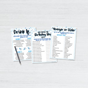 Op de afbeelding: Drie printbare spelkaarten voor een verjaardagsfeestje. De kaarten zijn blauw en wit met sterren en confetti. De eerste kaart zegt "Drink als" en heeft een lijst met drinkspeluitdagingen. De tweede kaart zegt "Wie kent de jarige het beste?" en heeft een lijst met vragen over de jarige. De derde kaart zegt "Jongere of oudere" en heeft een lijst met items om te raden of ze voor of na het geboortejaar van de jarige zijn uitgevonden.