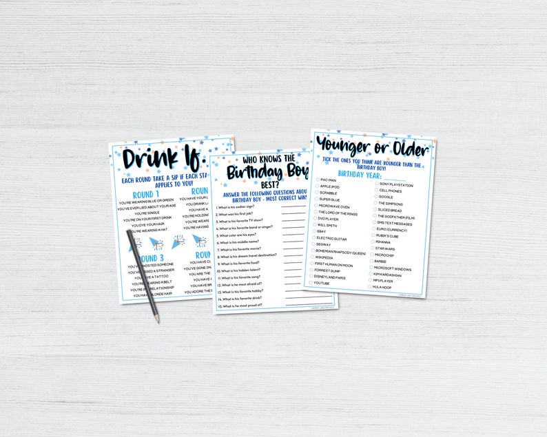 Op de afbeelding: Drie printbare spelkaarten voor een verjaardagsfeestje. De kaarten zijn blauw en wit met sterren en confetti. De eerste kaart zegt "Drink als" en heeft een lijst met drinkspeluitdagingen. De tweede kaart zegt "Wie kent de jarige het beste?" en heeft een lijst met vragen over de jarige. De derde kaart zegt "Jongere of oudere" en heeft een lijst met items om te raden of ze voor of na het geboortejaar van de jarige zijn uitgevonden.