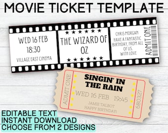 Movie Ticket Template | Printable Cinema Gift Ticket | Surprise Movie Night Ticket | Indoor Cinema | Personalized Invite | Birthday Gift