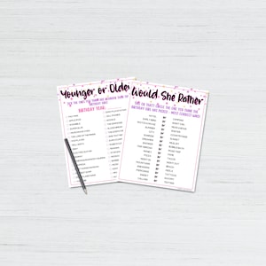 May include: Two printable game cards with pink and gold confetti. The first card is titled "Younger or Older" and has a list of items to guess if the birthday girl is younger or older than a certain year. The second card is titled "Would She Rather" and has a list of items for the birthday girl to choose between.