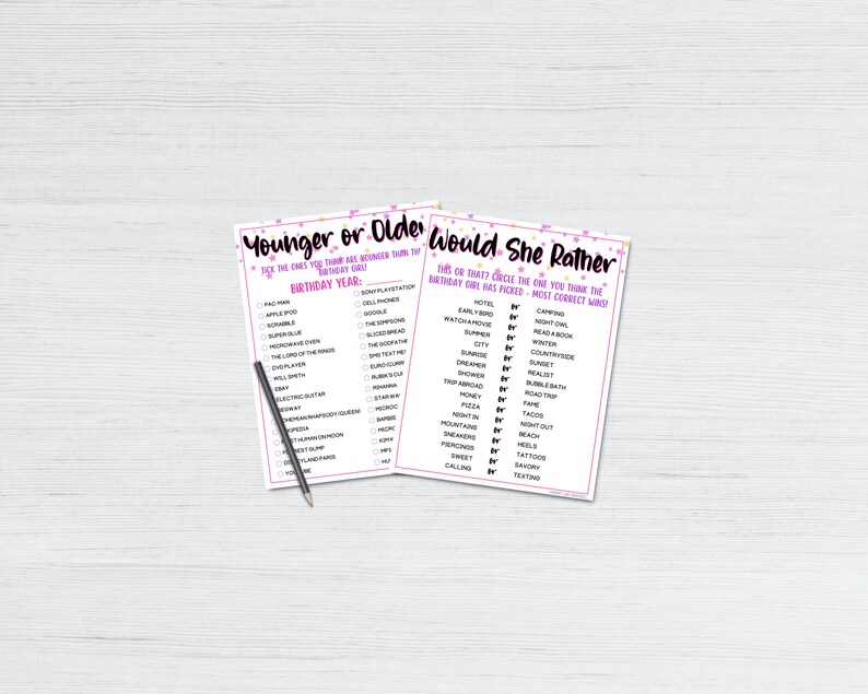 May include: Two printable game cards with pink and gold confetti. The first card is titled "Younger or Older" and has a list of items to guess if the birthday girl is younger or older than a certain year. The second card is titled "Would She Rather" and has a list of items for the birthday girl to choose between.