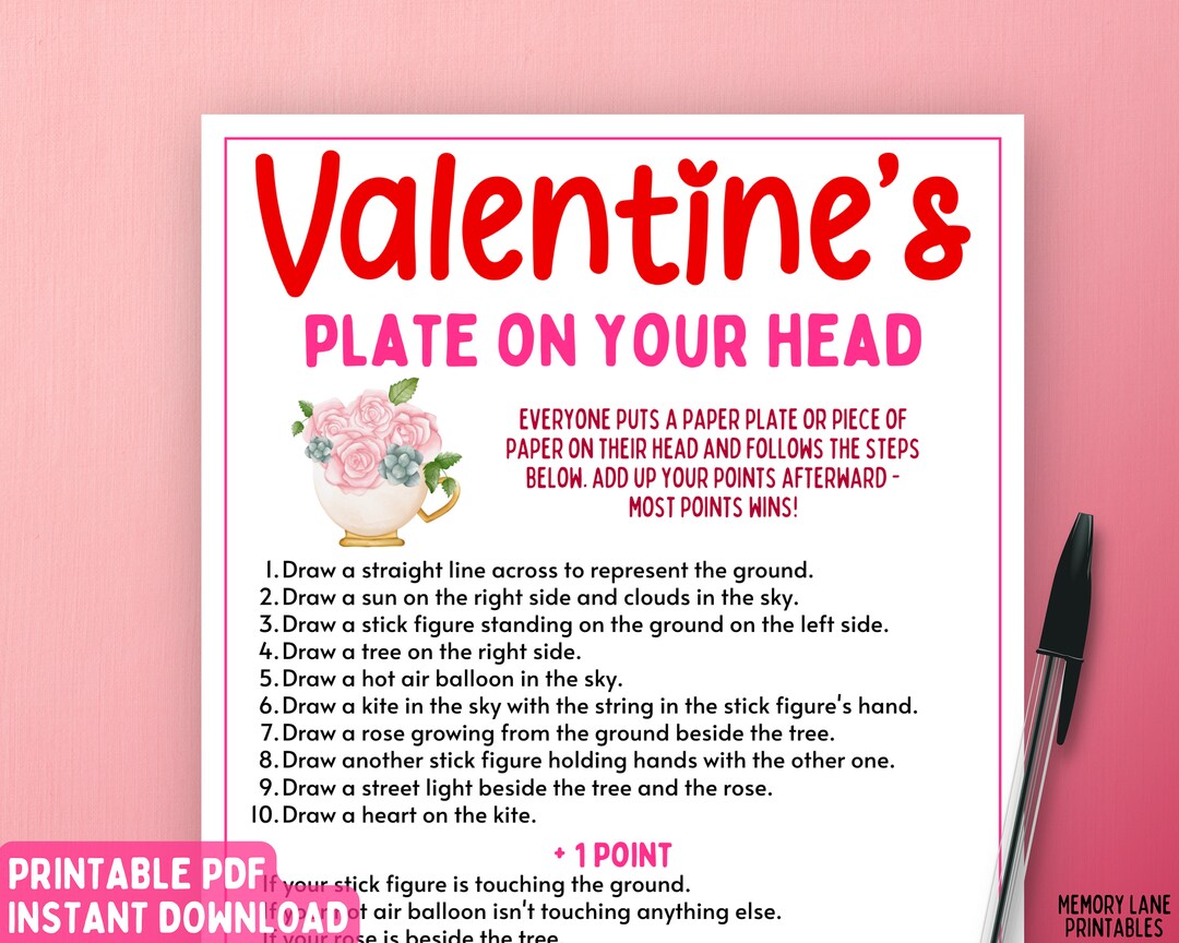 Valentine's Plate on Your Head Game Valentine's Day Party Game Fun Printable Game Valentine's