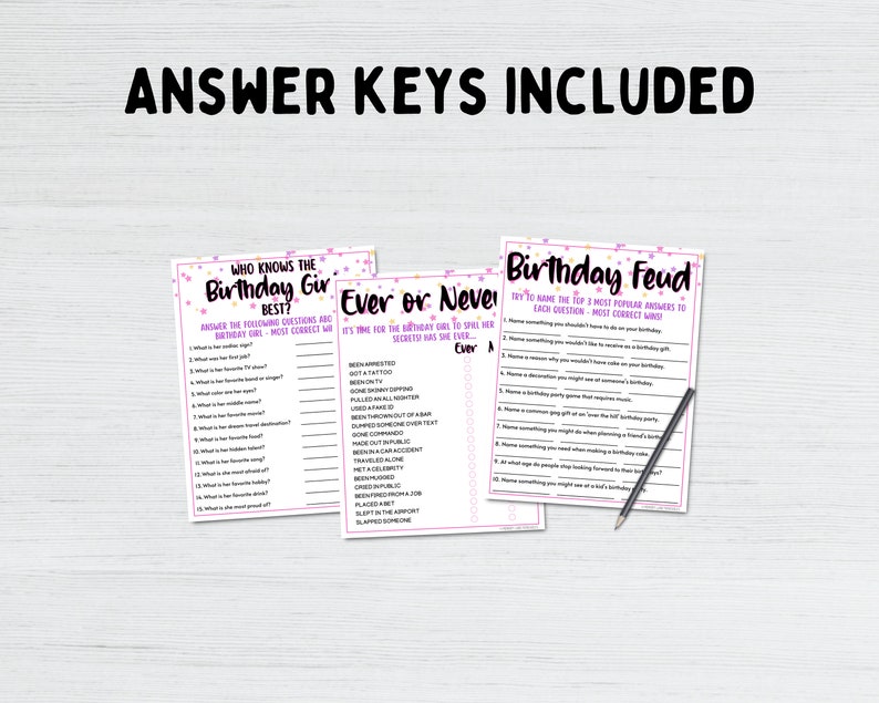 May include: Three printable game cards with pink and purple designs. The cards are titled "Who Knows the Birthday Girl Best?", "Ever or Never", and "Birthday Feud".