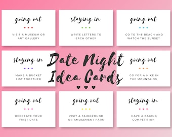 Date Night Cards | A Year of Dates | Printable Date Night Jar | Valentine's Day, Anniversary Gift for Him, Her | For Boyfriend, Girlfriend