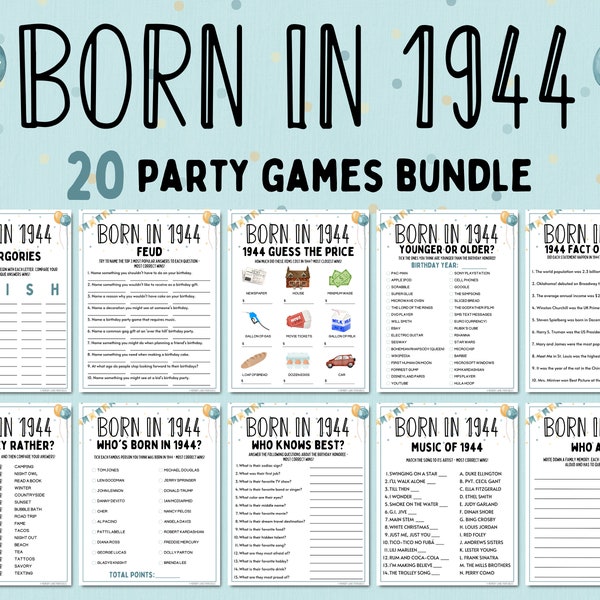 80th Birthday Party Games Bundle | Born in 1944 Games | 80th Birthday Games | Fun Printable Games | Party Games | Adult Games | Family Game