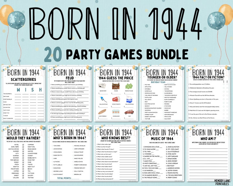 80th Birthday Party Games Bundle Born in 1944 Games 80th Birthday Games Fun Printable Games Party Games Adult Games Family Game image 1