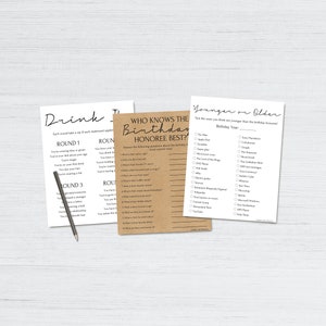 May include: Three printable game cards for a birthday party. The first card is titled "Drink If..." and has a list of drinking game prompts. The second card is titled "Who Knows the Birthday Honoree Best?" and has a list of questions about the birthday person. The third card is titled "Younger or Older" and has a list of people, places, and things for guests to guess if they are younger or older than the birthday person.