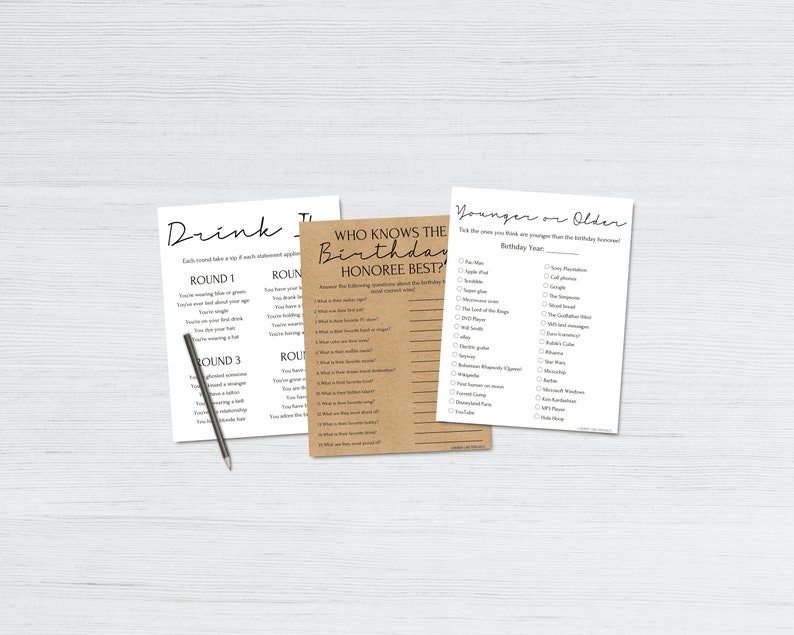 May include: Three printable game cards for a birthday party. The first card is titled "Drink If..." and has a list of drinking game prompts. The second card is titled "Who Knows the Birthday Honoree Best?" and has a list of questions about the birthday person. The third card is titled "Younger or Older" and has a list of people, places, and things for guests to guess if they are younger or older than the birthday person.