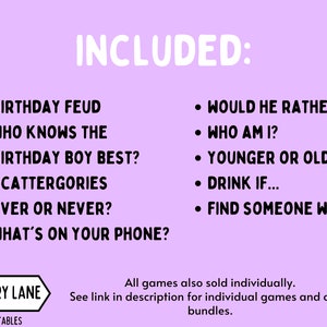 May include: A purple background with white text that reads "INCLUDED:" and lists several party game ideas. The text "MEMORY LANE PRINTABLES" is at the bottom of the image.