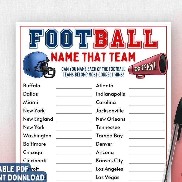 Football Name That Team Game | Super Bowl Party Game | Fun Printable Game | Big Game Day | Tailgate Party | Adults | Sunday Football Trivia