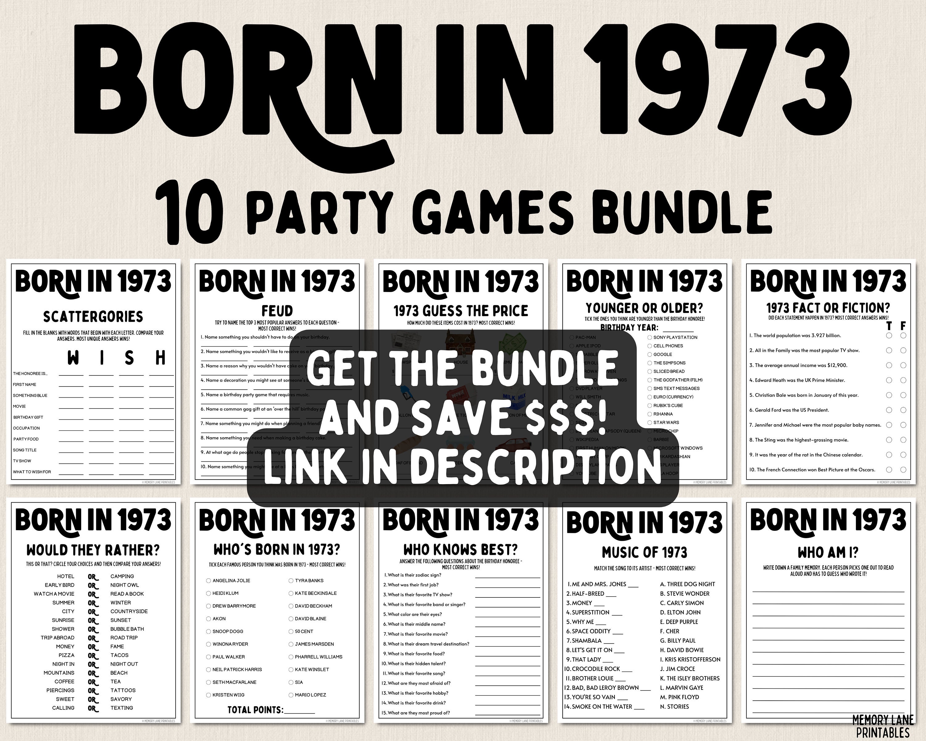 50th Birthday Party Games Bundle Born in 1973 Games 50th Birthday Games ...