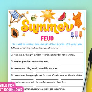 Summer Feud Game | Summer Party Game | Fun Printable Summertime Game | Summer Activity | Adult Games | Kids Games | Family Games