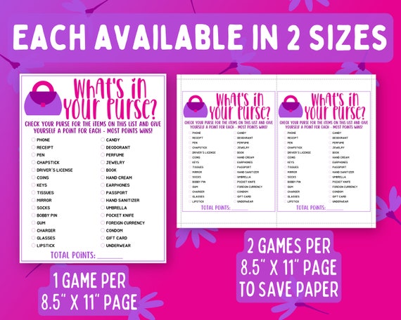 Whats in Your Purse Game, Whats in My Purse Scavenger Hunt Game, Ladies  Night Games, Girls Night Games, Fun Bridal Shower Games - Etsy