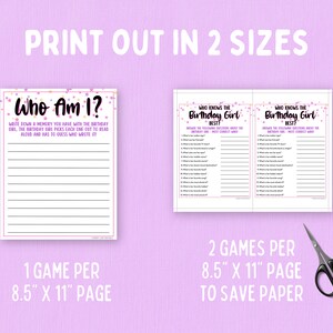 May include: Printable game for a birthday party. Two versions of the game are shown, one with a blank page for guests to write down a memory with the birthday girl and the other with questions about the birthday girl. The text "Who Am I?" and "Who Knows the Birthday Girl Best?" is visible on the game cards. The game cards are pink with white lines and white stars.