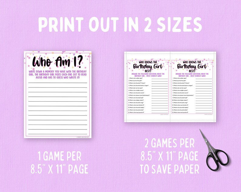 May include: Printable game for a birthday party. Two versions of the game are shown, one with a blank page for guests to write down a memory with the birthday girl and the other with questions about the birthday girl. The text "Who Am I?" and "Who Knows the Birthday Girl Best?" is visible on the game cards. The game cards are pink with white lines and white stars.