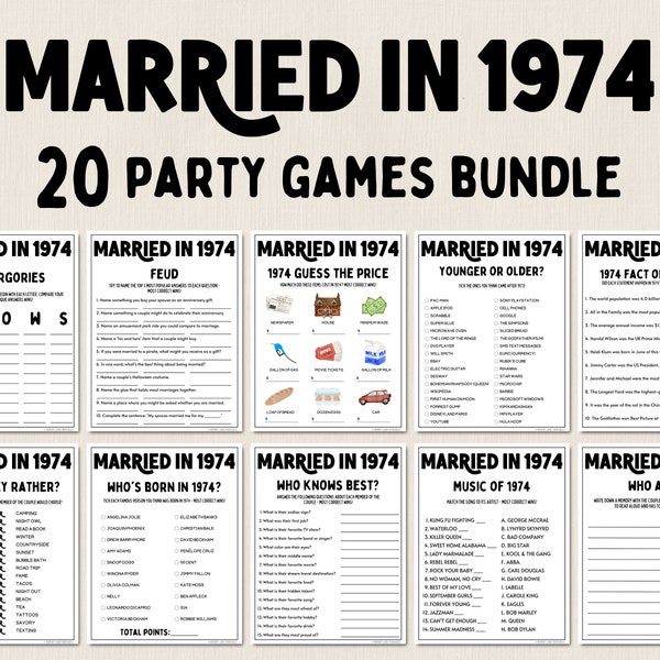 Paquete de juegos del 50.º aniversario / Juegos de Casado en 1974 / Juegos del 50.º aniversario de bodas / Juegos imprimibles divertidos / Juegos de fiesta / Juegos para adultos