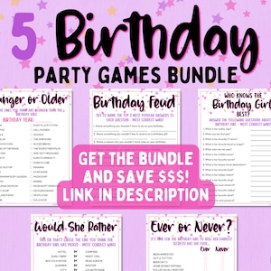 May include: A set of five printable birthday party games for kids. The games include "Younger or Older", "Birthday Feud", "Who Knows the Birthday Girl Best?", "Would She Rather", and "Ever or Never". The games are designed with a pink, purple, and yellow color scheme and feature stars.