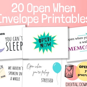 20 Open When Envelopes Printable | Going Away Gift | College | Long Distance Boyfriend, Girlfriend | Anniversary | Valentine's Day Present