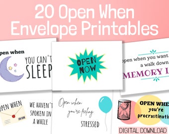 20 Open When Envelopes Printable | Going Away Gift | College | Long Distance Boyfriend, Girlfriend | Anniversary | Valentine's Day Present