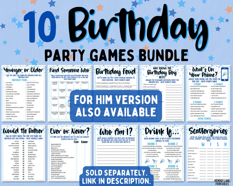 May include: A printable party game bundle for a 10th birthday. The games include "Younger or Older", "Find Someone Who", "Birthday Feud", "Who Knows the Birthday Boy Best?", "What's On Your Phone?", "Would He Rather", "Ever or Never", "Who Am I?", "Drink If...", and "Scattergories". The games are designed for a boy's birthday and feature a blue and white color scheme with stars.