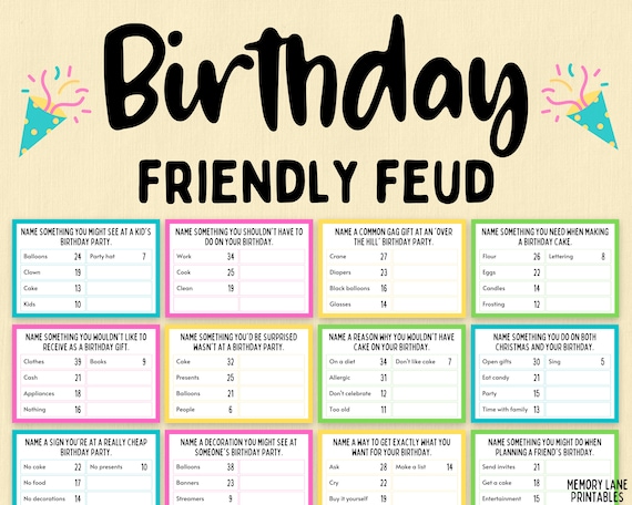 Birthday Friendly Feud Game | Birthday Feud | Birthday Party Game | Birthday Trivia | Family Game Night | Group Game | Fun Printable Game