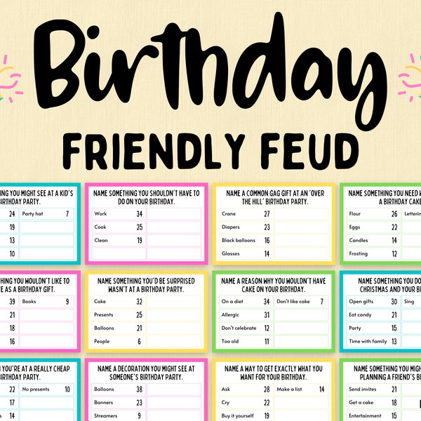 Anniversaire Friendly Feud Game | Querelle d'anniversaire | Jeu de fête d'anniversaire | Anniversaire | Soirée jeux en famille | Jeu de groupe | Jeu imprimable amusant