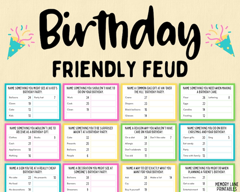 Birthday Friendly Feud Game | Birthday Feud | Birthday Party Game | Birthday Trivia | Family Game Night | Group Game | Fun Printable Game image 1