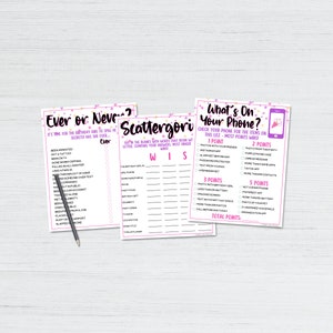 May include: Three printable game cards with pink and purple backgrounds and white text. The games are called "Ever or Never", "Scattergori", and "What's On Your Phone?" The cards are decorated with stars and confetti.