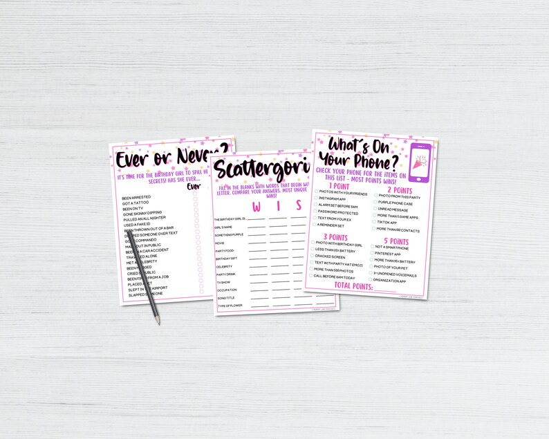 May include: Three printable game cards with pink and purple backgrounds and white text. The games are called "Ever or Never", "Scattergori", and "What's On Your Phone?" The cards are decorated with stars and confetti.
