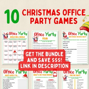 May include: Ten printable Christmas office party games featuring festive illustrations of Santa and elves. The games include "Jingle Bell Mingle", "Feud", "Who Knows the Boss Best?", "Most Likely To...", "What's On Your Phone?", and "This or That?"