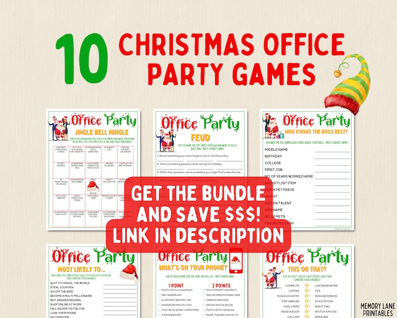 May include: Ten printable Christmas office party games featuring festive illustrations of Santa and elves. The games include "Jingle Bell Mingle", "Feud", "Who Knows the Boss Best?", "Most Likely To...", "What's On Your Phone?", and "This or That?"