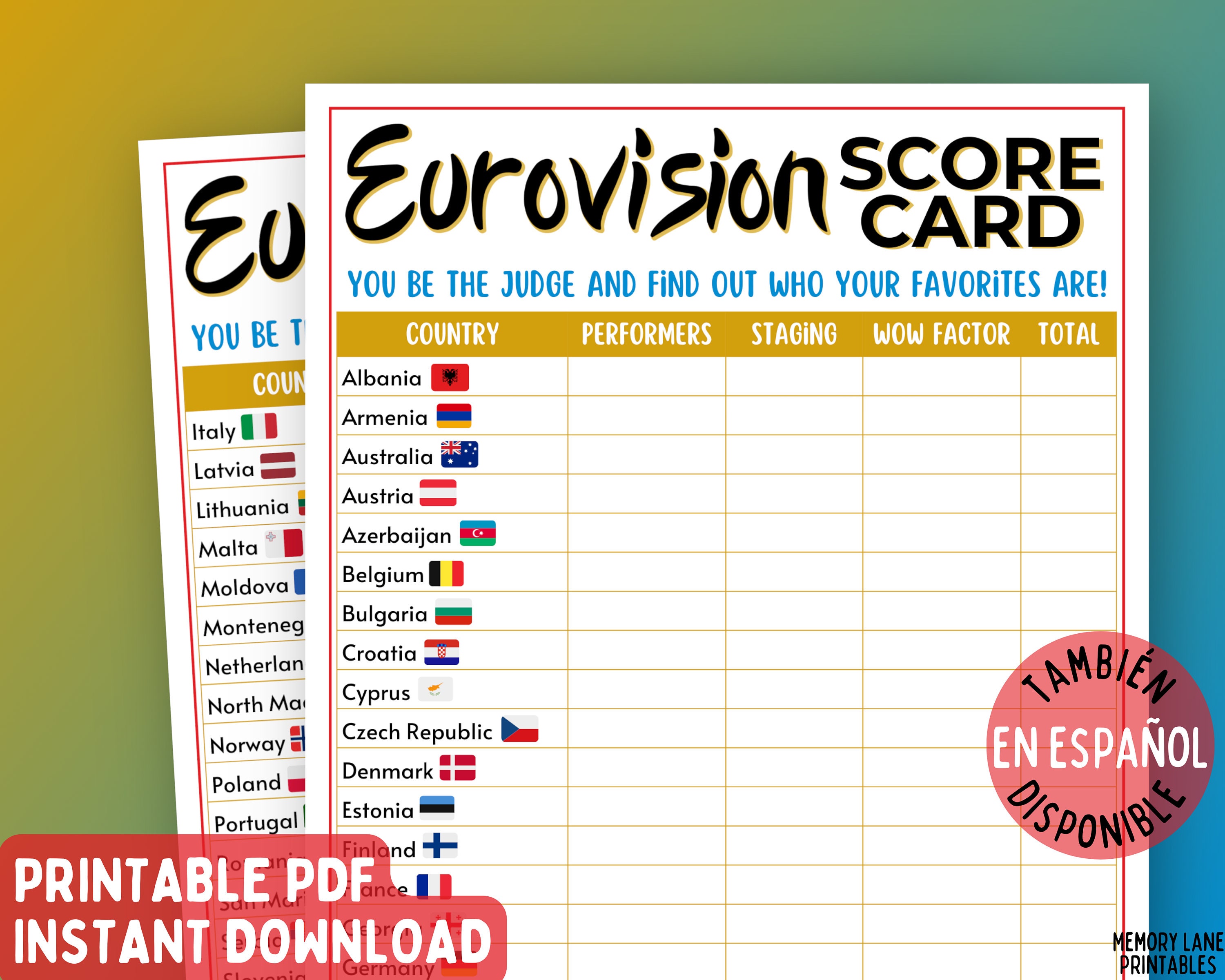 Eurovision Score Eurovision Game Printable Etsy