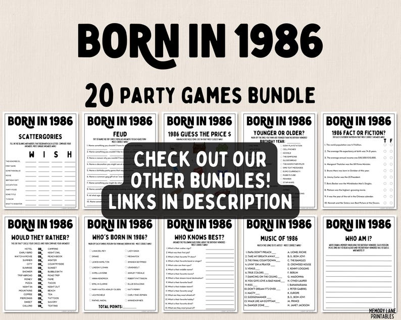 Lot de jeux de fête pour 40e anniversaire | Né en 1986 Jeux | Jeux du 40e anniversaire | Jeux imprimables amusants | Jeux de société | Jeux pour adultes | Jeu familial image 9