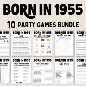 Bundel feestspellen 70e verjaardag | Geboren in 1955 Games | Spelletjes 70e verjaardag | Leuke afdrukbare games | Feestspellen | Spellen voor volwassenen | Familiespel