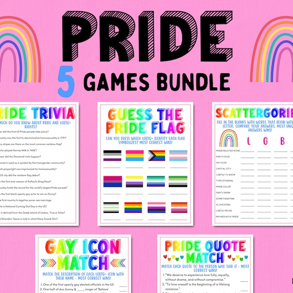 Ensemble de jeux de fête Pride | 5 jeux de fierté LGBTQ+ | Jeux-questionnaires sur la fierté | Rainbow Gay Lesbian Party Jeux | Jeux de fierté imprimables | Jeux pour adultes