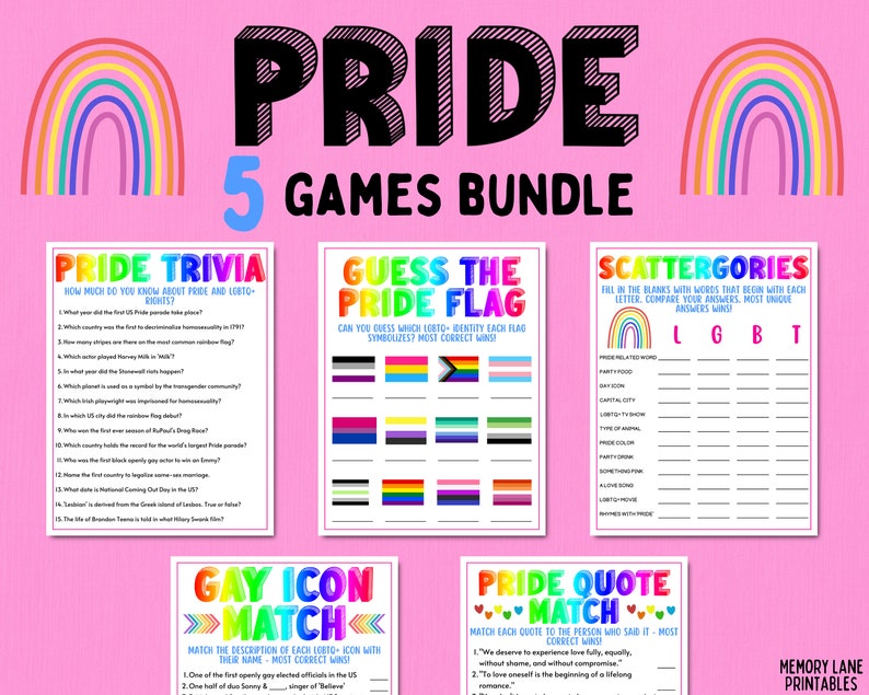 Pride Party Games Bundle 5 LGBTQ Pride Games Pride Trivia Games Rainbow Gay Lesbian Party Games Printable Pride Games Adult Games image 1