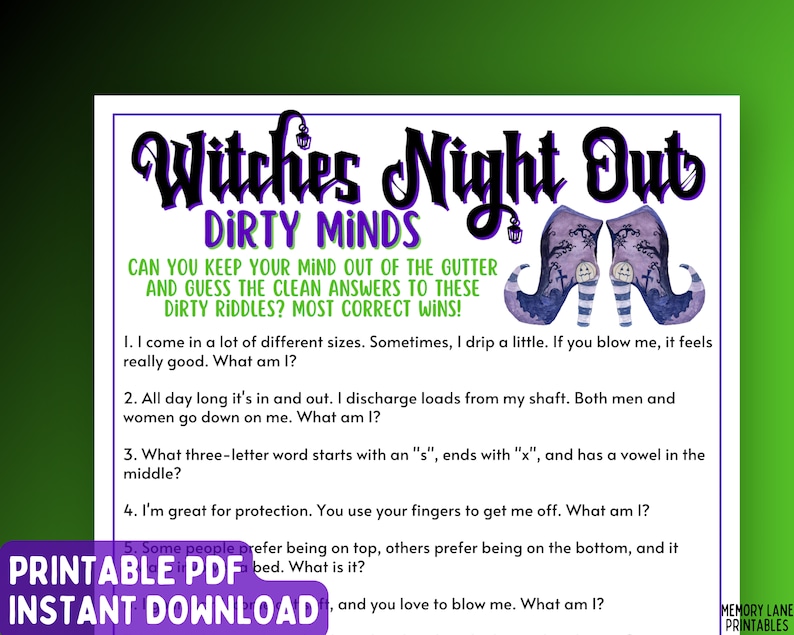 K&ouml;nnte beinhalten: Ein druckbares Halloween-Spiel mit dem Titel "Witches Night Out: Dirty Minds". Das Spiel enth&auml;lt R&auml;tsel mit einem anz&uuml;glichen Thema. Das Spiel ist f&uuml;r Erwachsene gedacht.