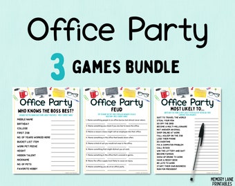 May include: Three printable office party game cards with a blue background. The first card is titled "Who Knows the Boss Best?" and has a list of questions about the boss. The second card is titled "Office Party Feud" and has a list of questions to answer. The third card is titled "Office Party Most Likely To..." and has a list of questions about who is most likely to do something.