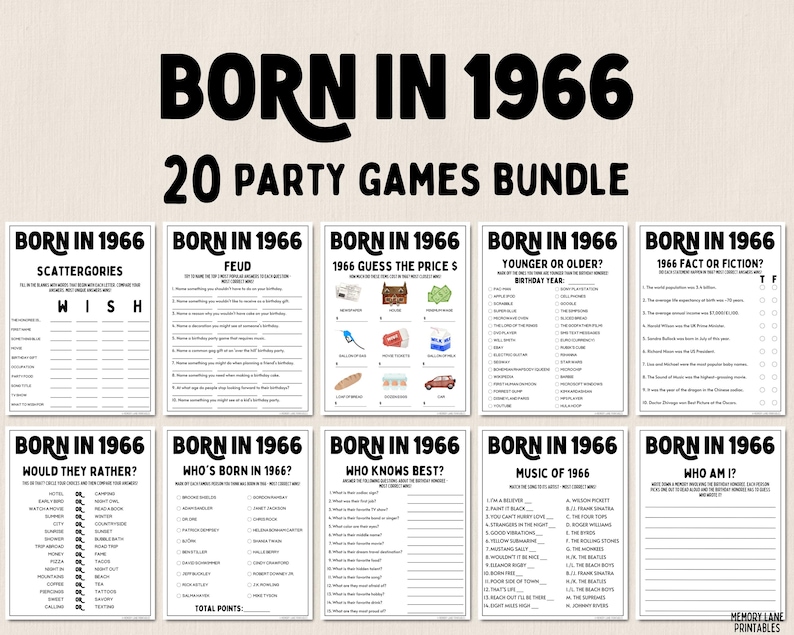 Bundel met feestspellen voor de 60e verjaardag | Geboren in 1966 Games | Spelletjes 60e verjaardag | Leuke afdrukbare games | Feestspellen | Spellen voor volwassenen | Familiespel afbeelding 1