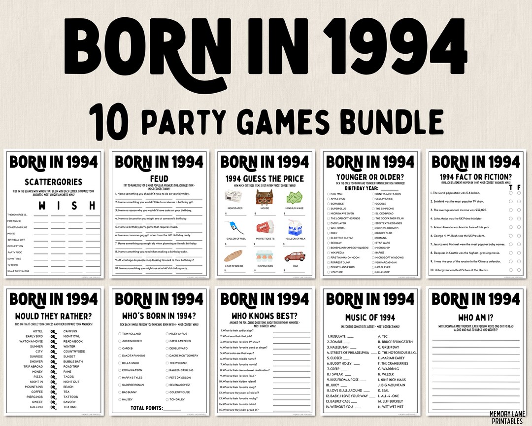 30th Birthday Party Games Bundle Born in 1994 Games 30th Birthday Games ...