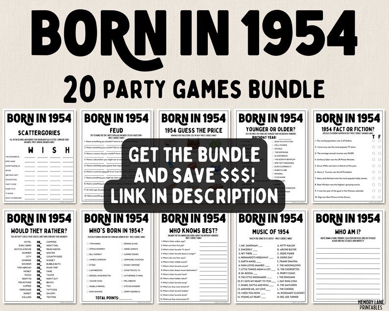 70th Birthday Party Games Bundle Born in 1954 Games 70th Birthday Games ...
