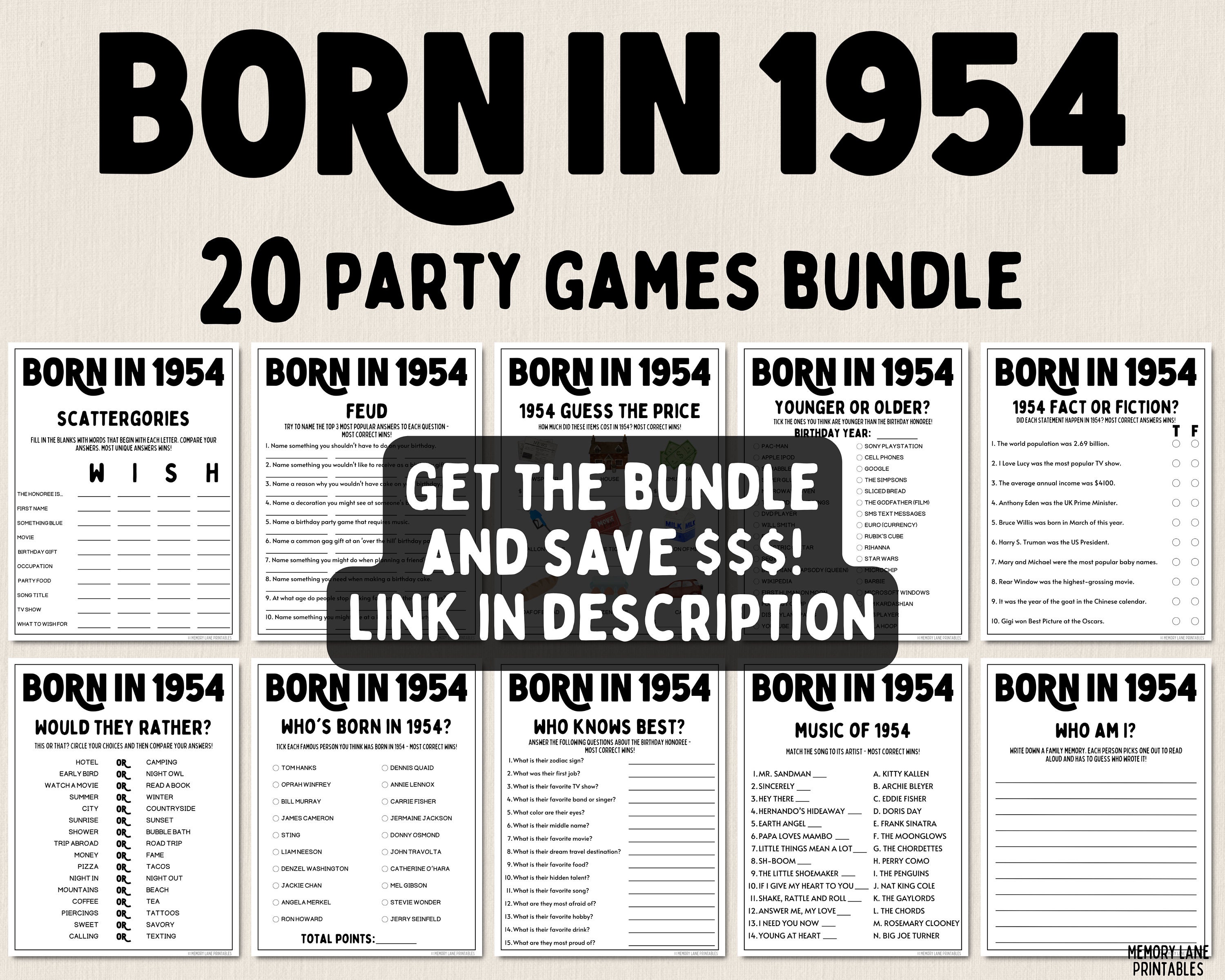 70th Birthday Party Games Bundle Born in 1954 Games 70th Birthday Games ...
