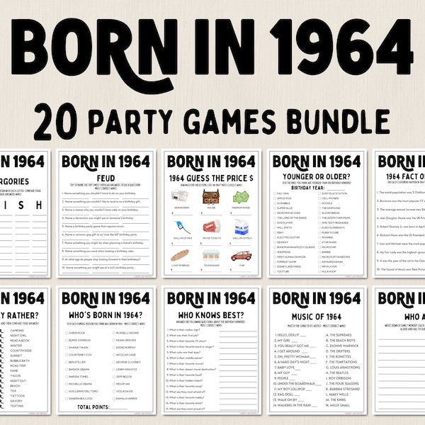 60th Birthday Party Games Bundle | Born in 1964 Games | 60th Birthday Games | Fun Printable Games | Party Games | Adult Games | Family Game