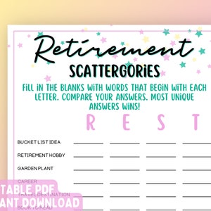 Retirement Party Game | Retirement Scattergories Game | Fun Printable Retirement Party Games | Adult Games | Work Games | Office Games