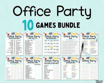 May include: A printable bundle of 10 office party games. The games include "Would You Rather", "Most Likely To", "Find Someone Who", "Feud", "What's On Your Phone", "Scattergories", "Never Have I Ever", "Who Knows The Boss Best", "Scavenger Hunt", and "A-Z".