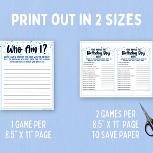 May include: Two printable game cards for a birthday party. The first card is titled "Who Am I?" and has blank lines for writing down memories. The second card is titled "Who Knows the Birthday Boy Best?" and has multiple choice questions about the birthday boy. Both cards are decorated with blue and white stars.