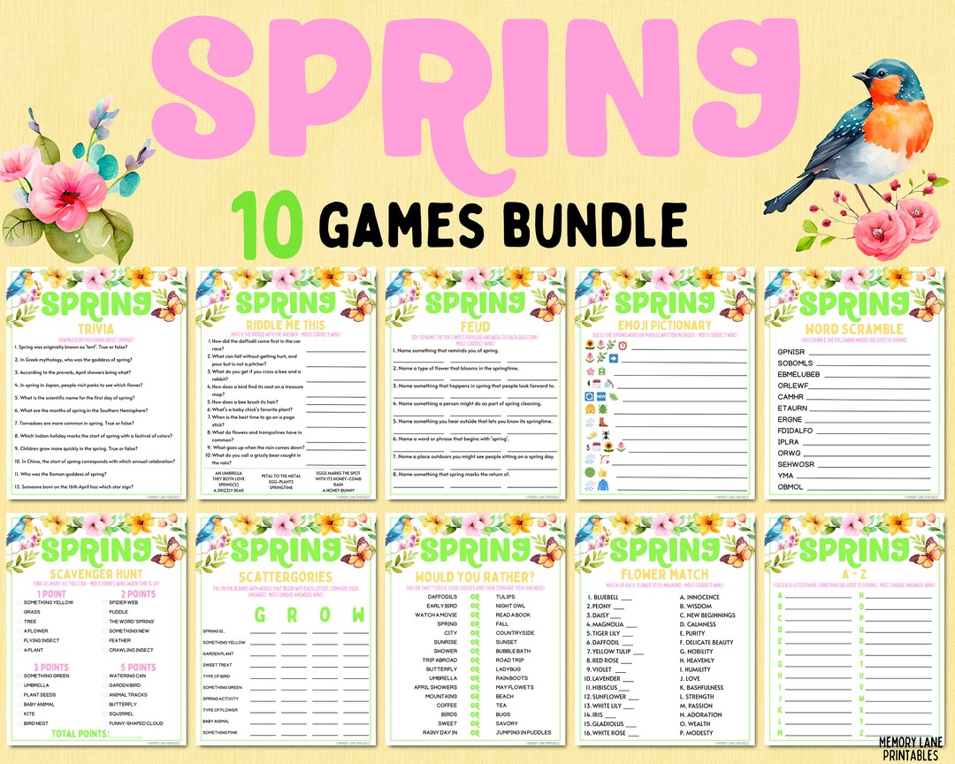 Spring Games Bundle Spring Party Games Fun Printable Spring Games Spring Activities Adult Games