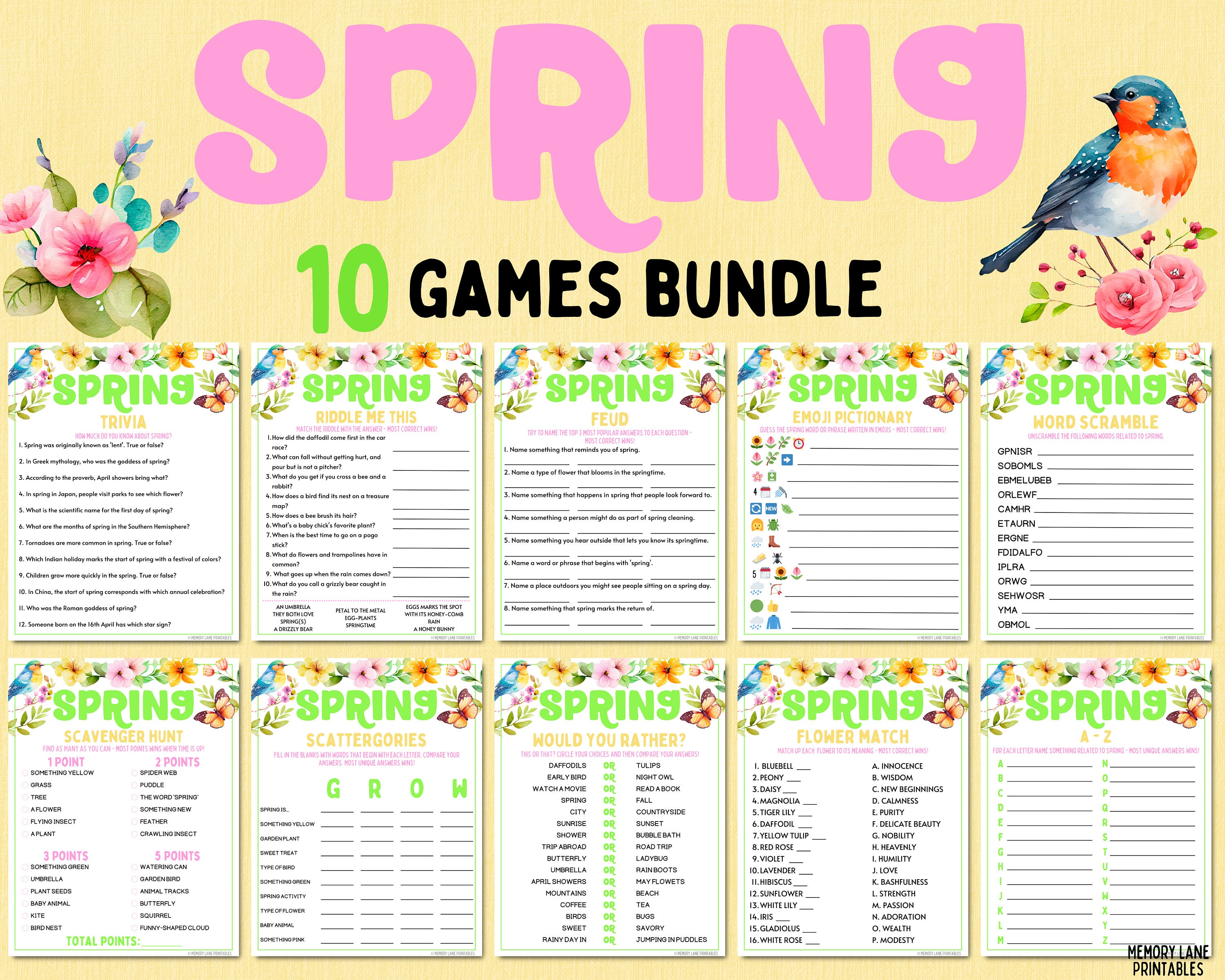 Spring Games Bundle Spring Party Games Fun Printable Spring Games